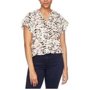 Cooper and Ella Large Ruffle Sleeve Blouse White With Black And Brown Accents